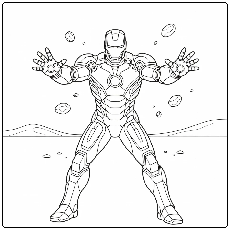 Actievolle iron man kleurplaat met zwevende stenen.