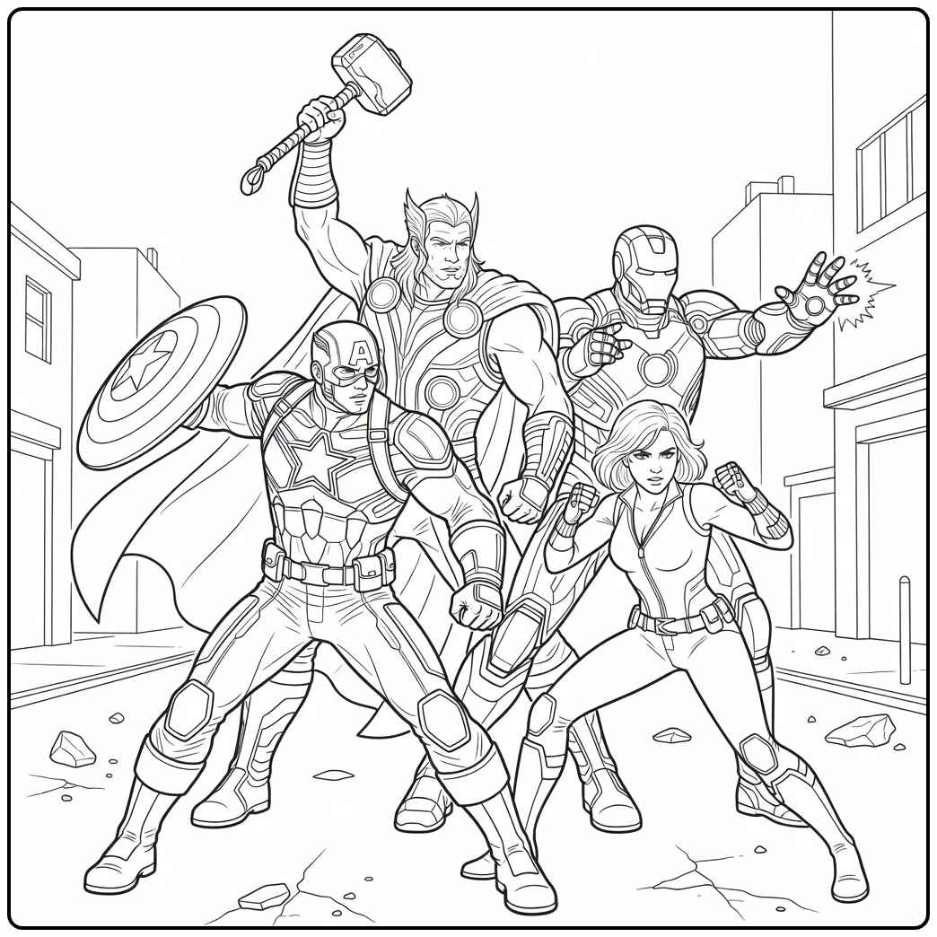 Actievolle avengers kleurplaat met Captain America en Thor.