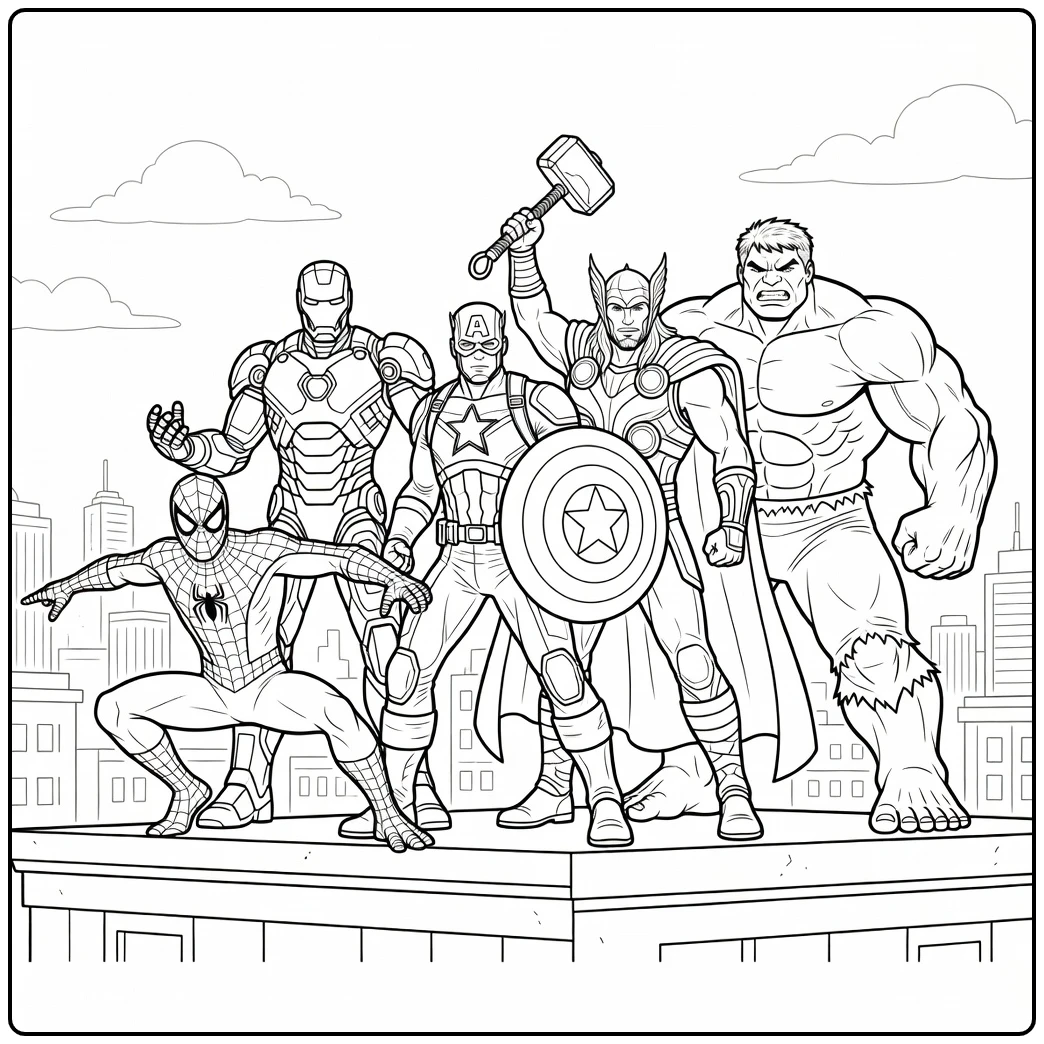 marvel kleurplaat met Avengers helden op een stadsdak