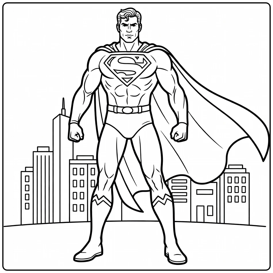 Superman kleurplaat: held beschermt stad met wapperende cape
