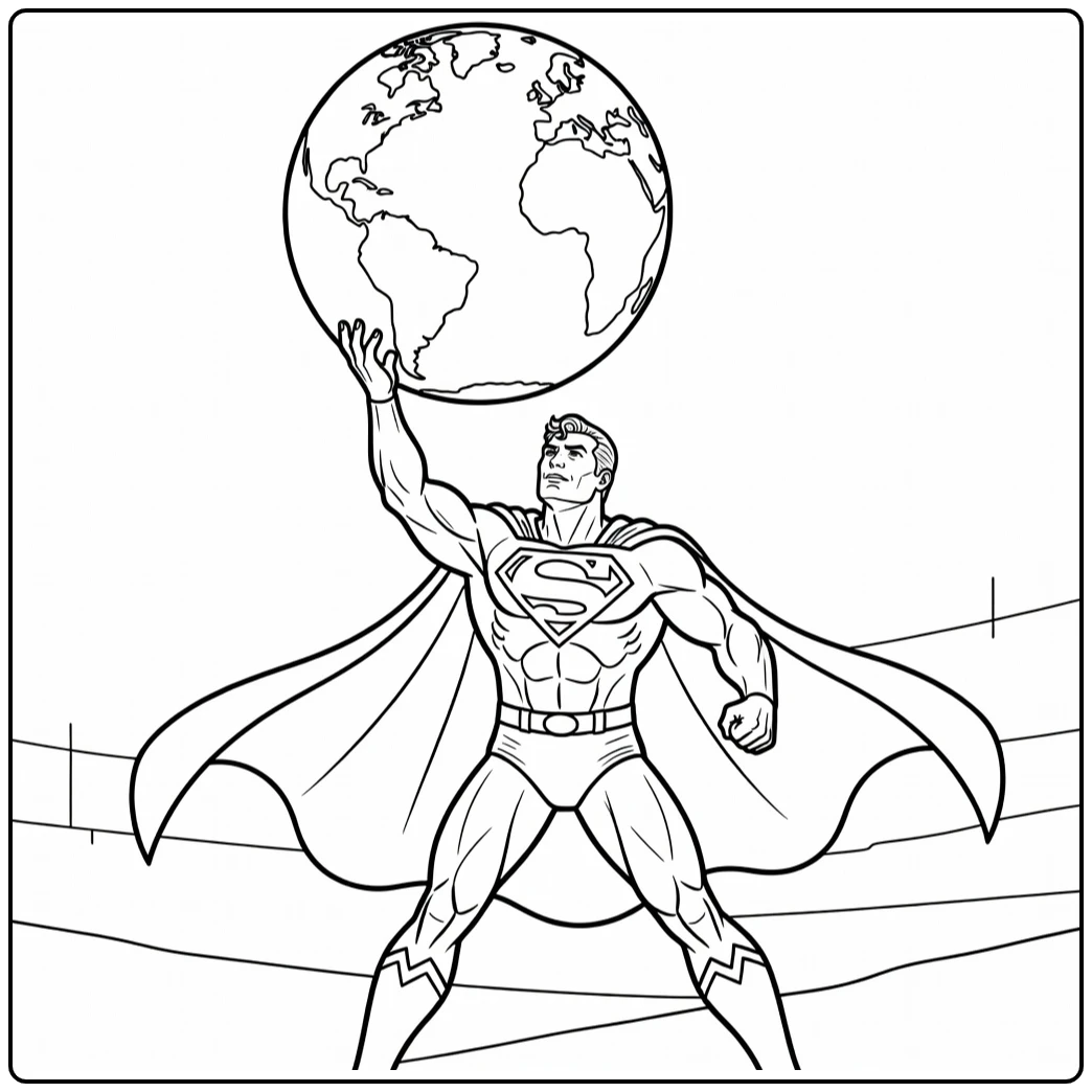 Superman kleurplaat: held vangt vallende globe boven hoofd