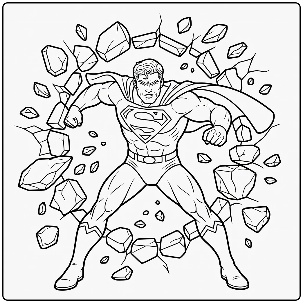 Superman kleurplaat: breekt door muur met stenen brokken