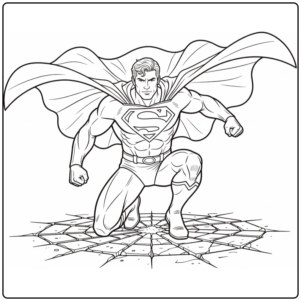 Superman kleurplaat: krachtige landing knielend met cape
