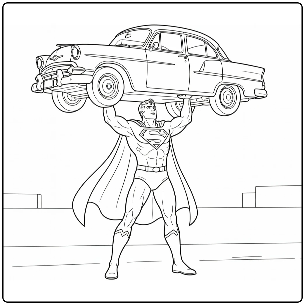 Superman kleurplaat: auto boven hoofd tillend