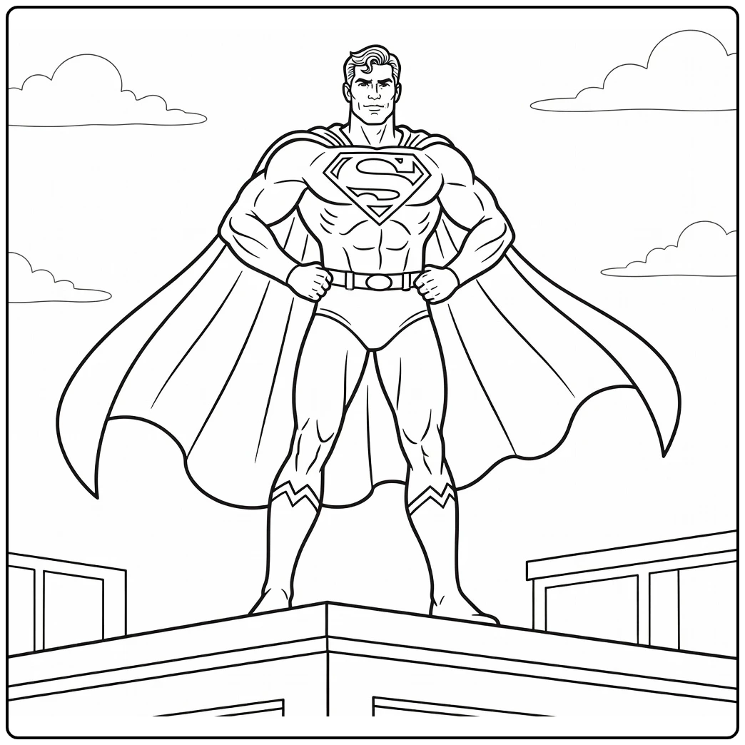 Superman kleurplaat: trotse Superman op dak met cape