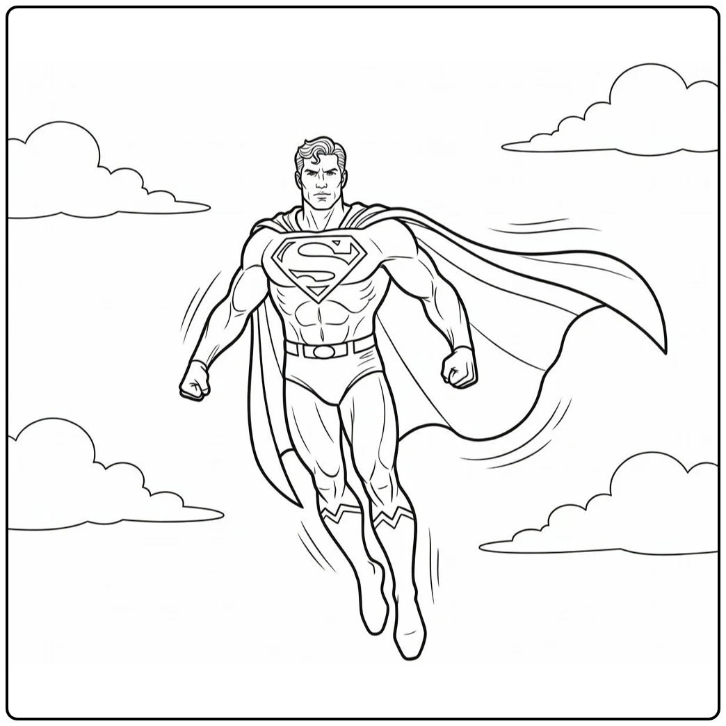 Superman kleurplaat: zwevend met vuisten omhoog, cape wapperend