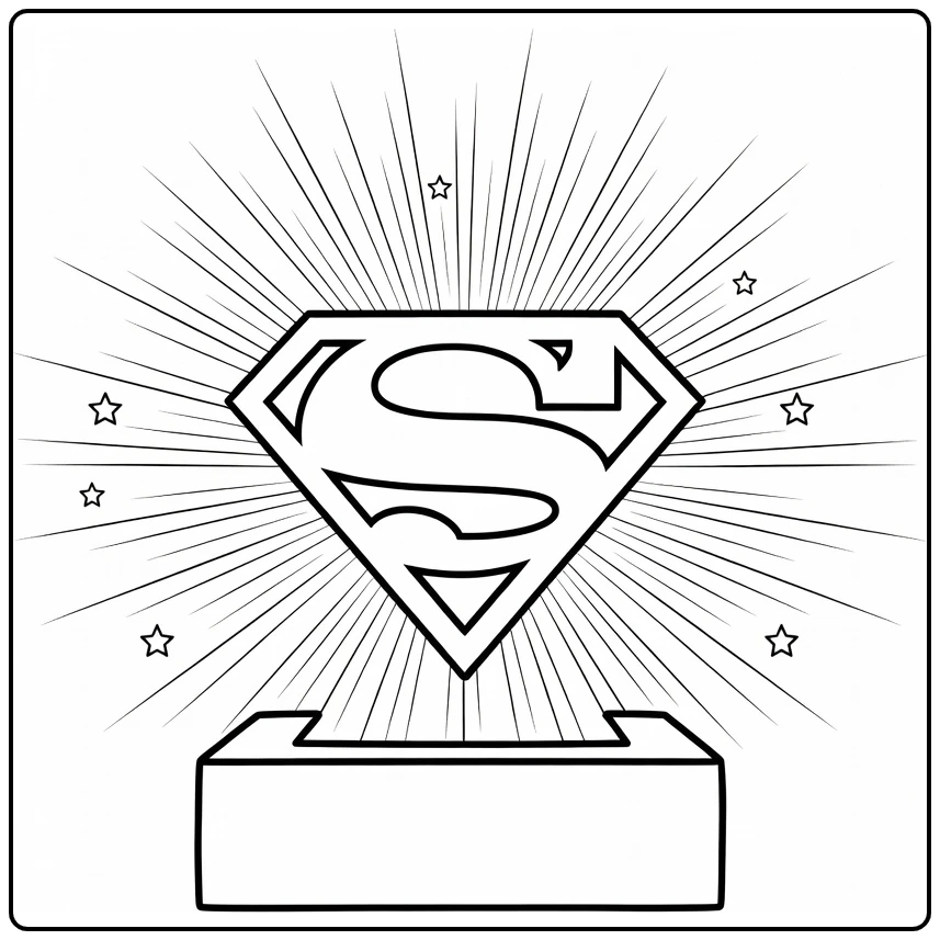 Superman logo kleurplaat: schild op stenen sokkel met sterren en stralen