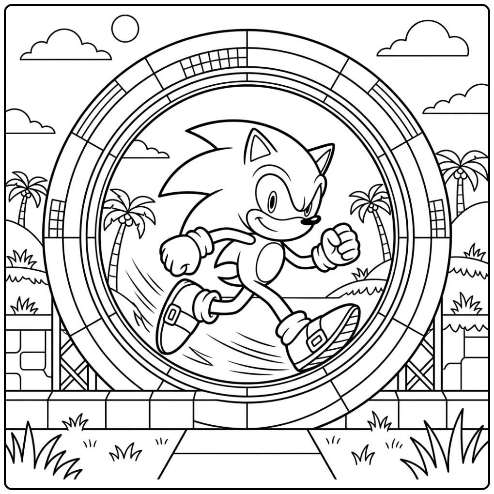 Sonic in volle vaart door een loop, een dynamische sonic kleurplaat.
