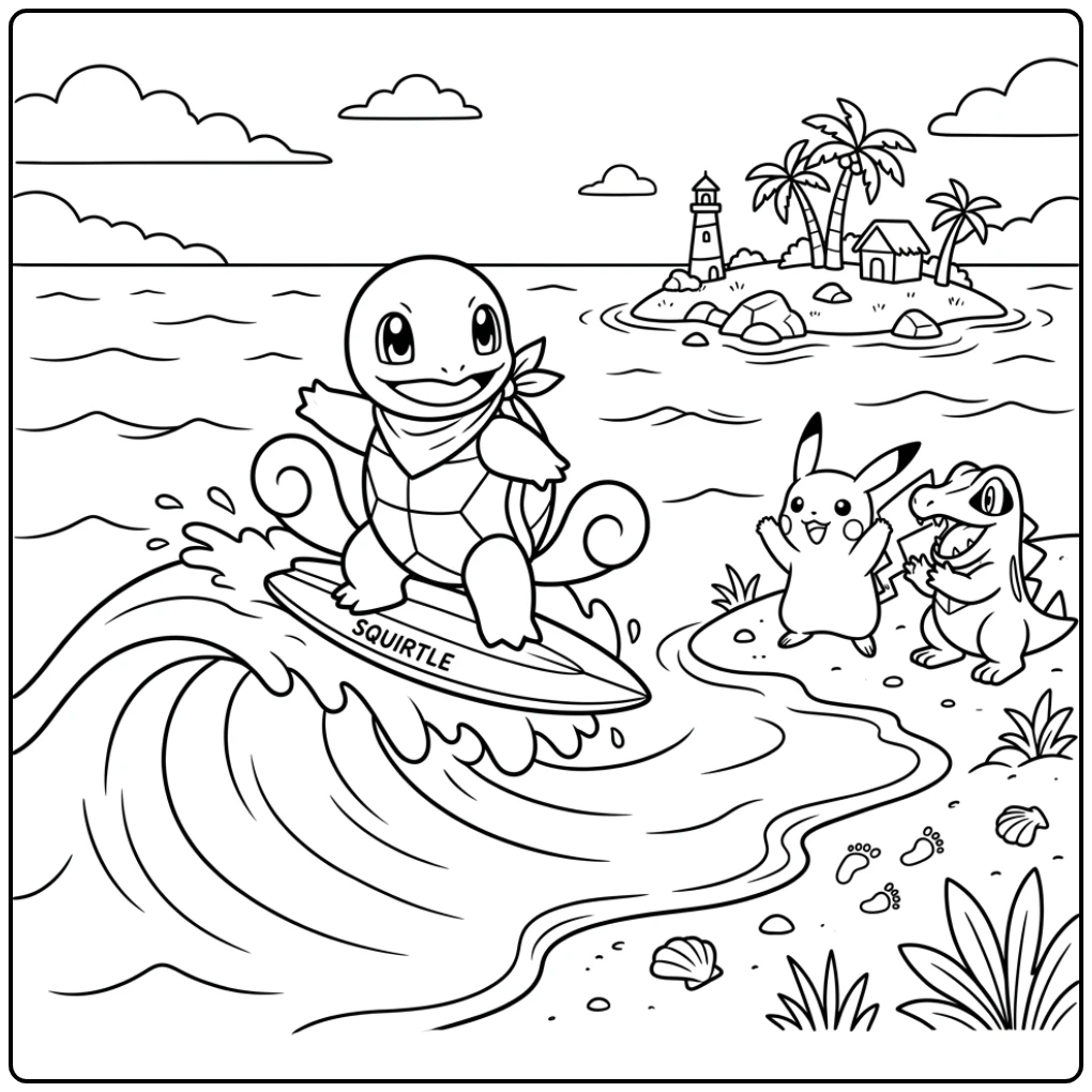 Avontuurlijke squirtle kleurplaat, Squirtle surft op een golf.