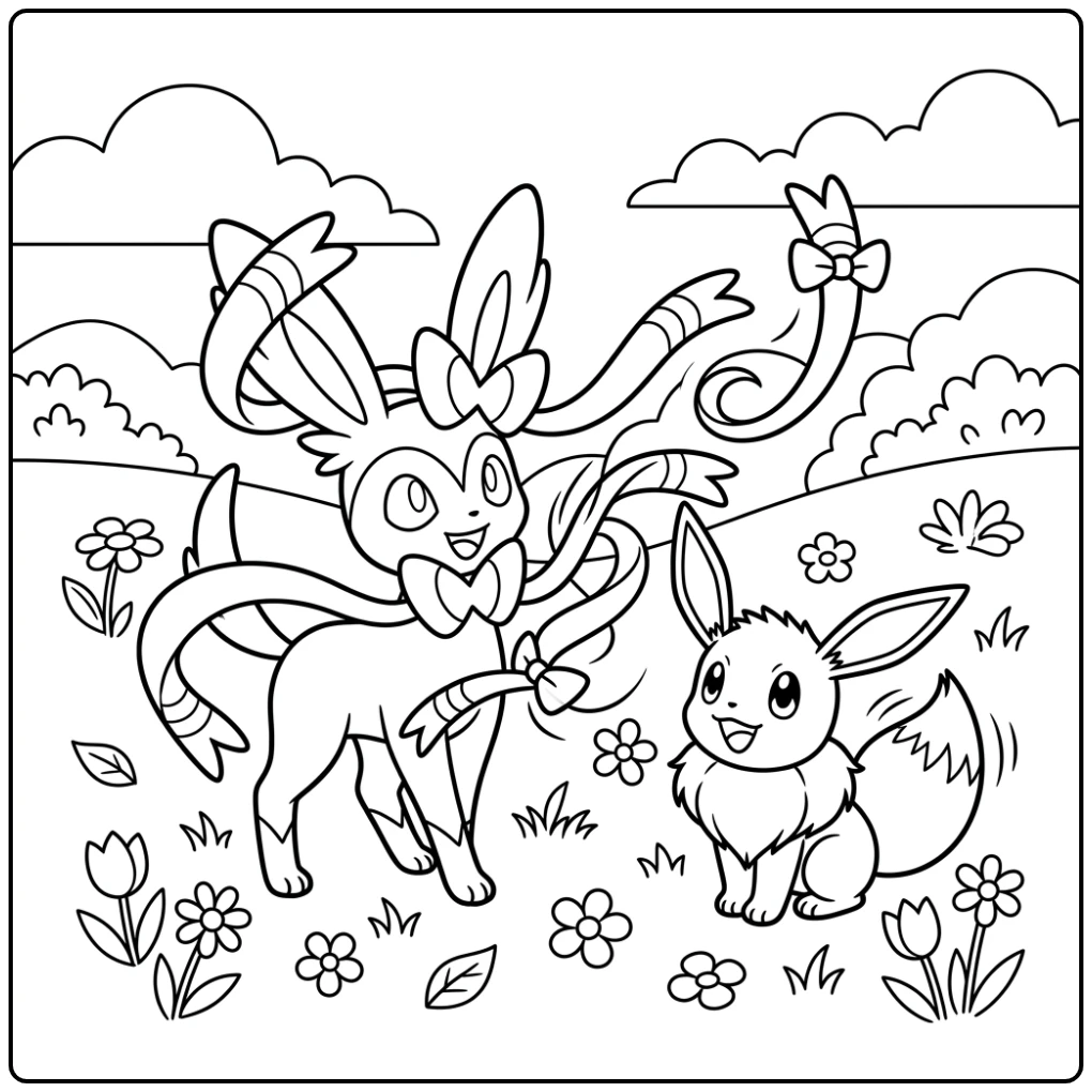 Schattige kleurplaat pokemon schattig van Sylveon en Eevee met bloemen.