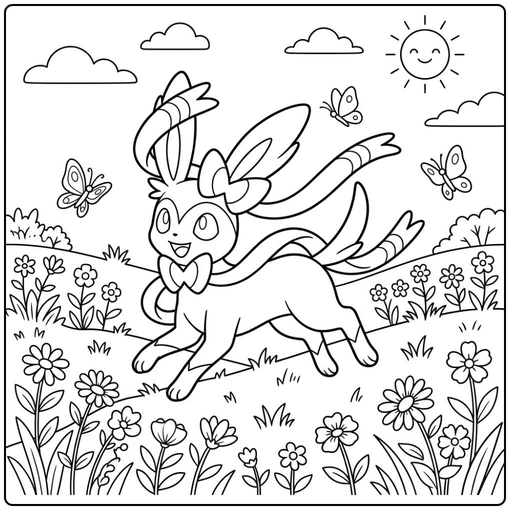 Vrolijke sylveon kleurplaat: Sylveon rent door bloemenweide