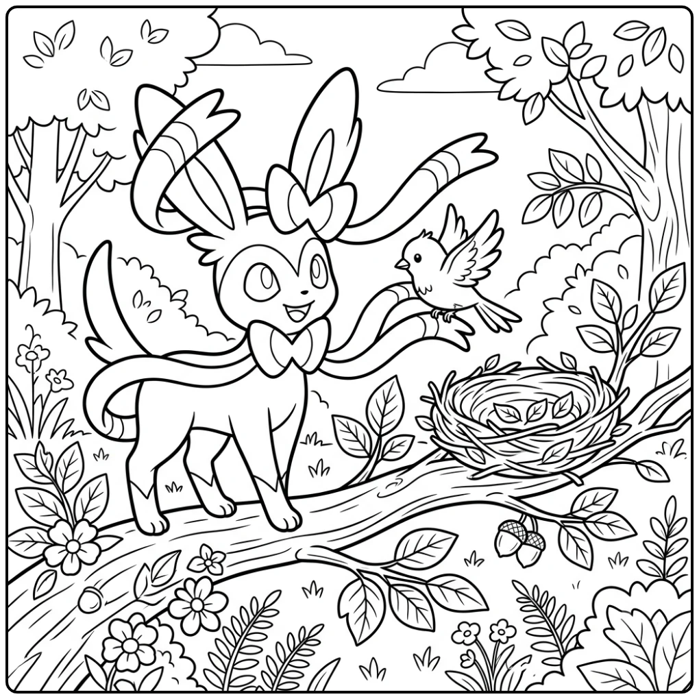 Lieve sylveon kleurplaat helpt verdwaald vogeltje naar het nest.