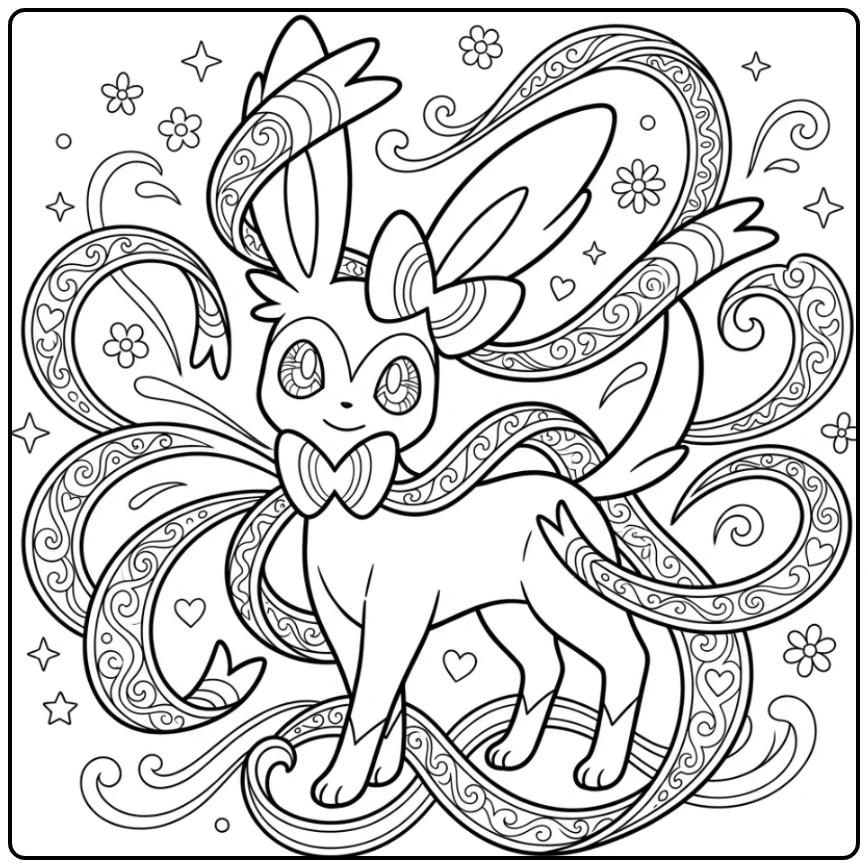 Gracieus Sylveon met linten, een kleurplaat pokemon moeilijk design.