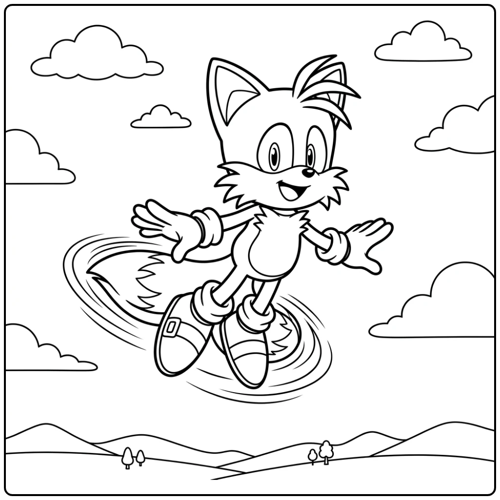 Vrolijke Tails kleurplaat, vliegend met zijn staarten als propellers.