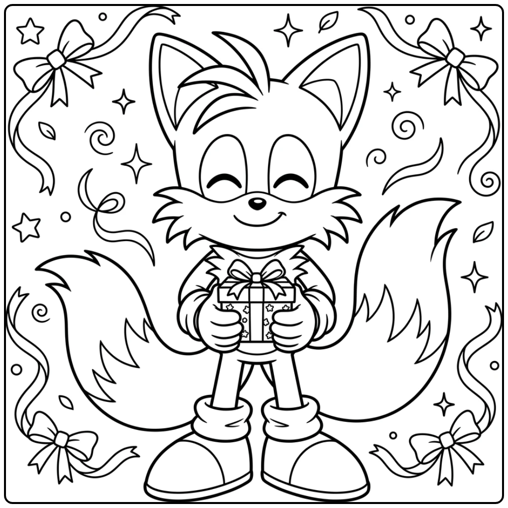 Vrolijke Tails kleurplaat met cadeau en linten voor kinderen.