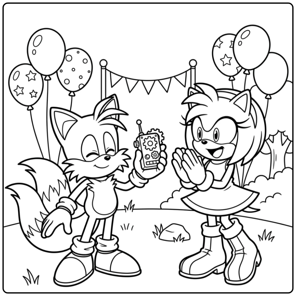Vrolijke Tails kleurplaat met Tails en Amy die samen vieren