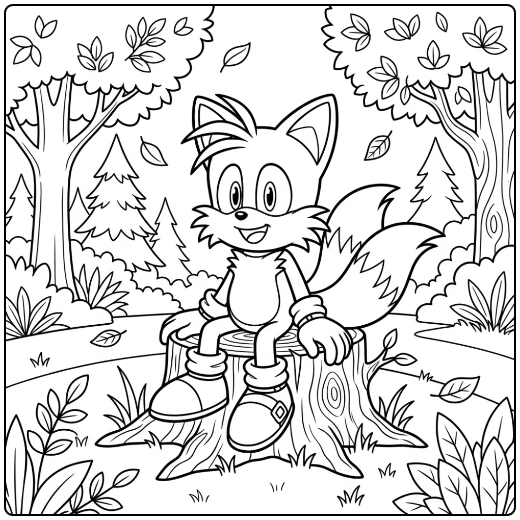 Leuke Tails kleurplaat van Tails zittend op een boomstronk in het bos