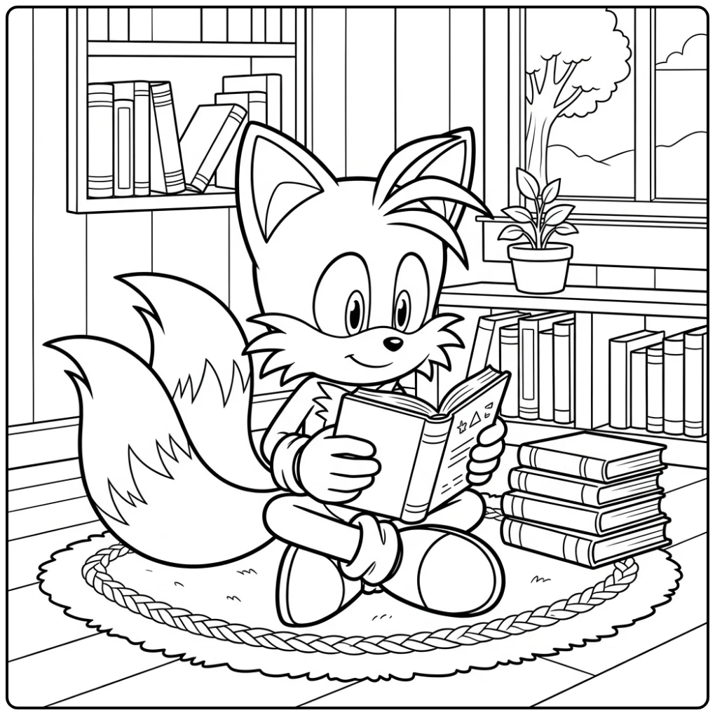 Lezende Tails kleurplaat met boeken, ideaal voor jonge fans