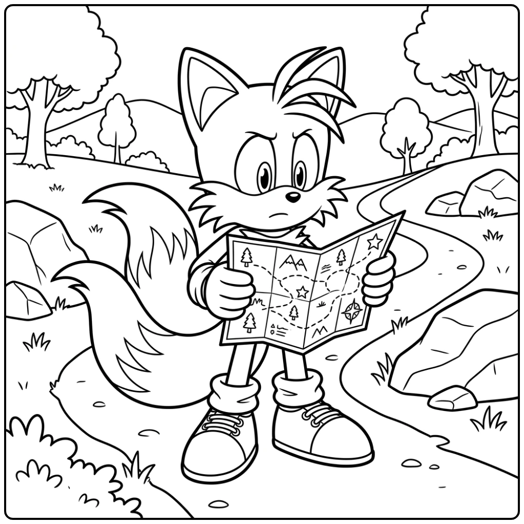 Tails kleurplaat van Tails met een kaart, nieuwsgierig kijkend.