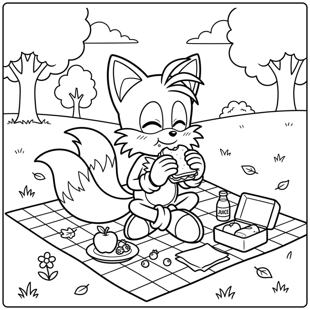 Tails kleurplaat: vrolijk knabbelend op een picknick in de zon.