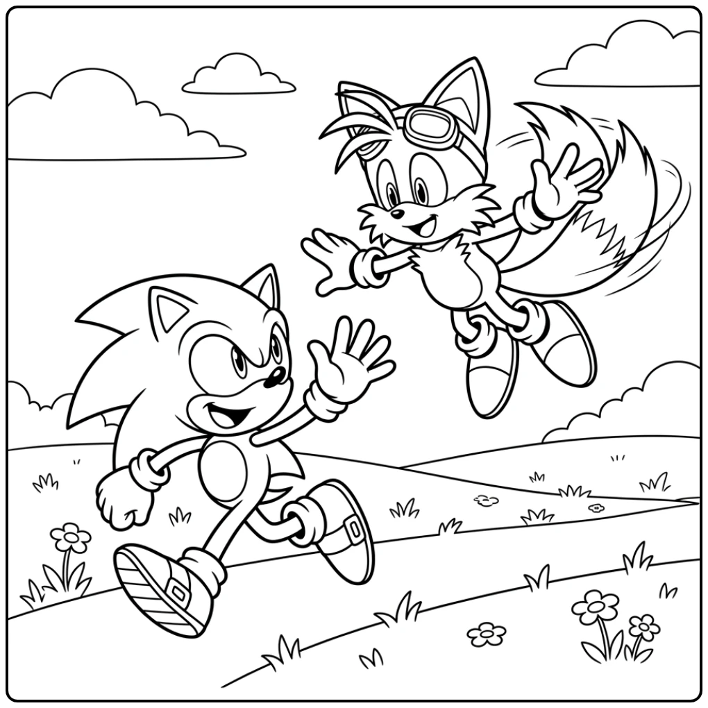Tails kleurplaat: Vliegende Tails en Sonic rennen samen over gras.