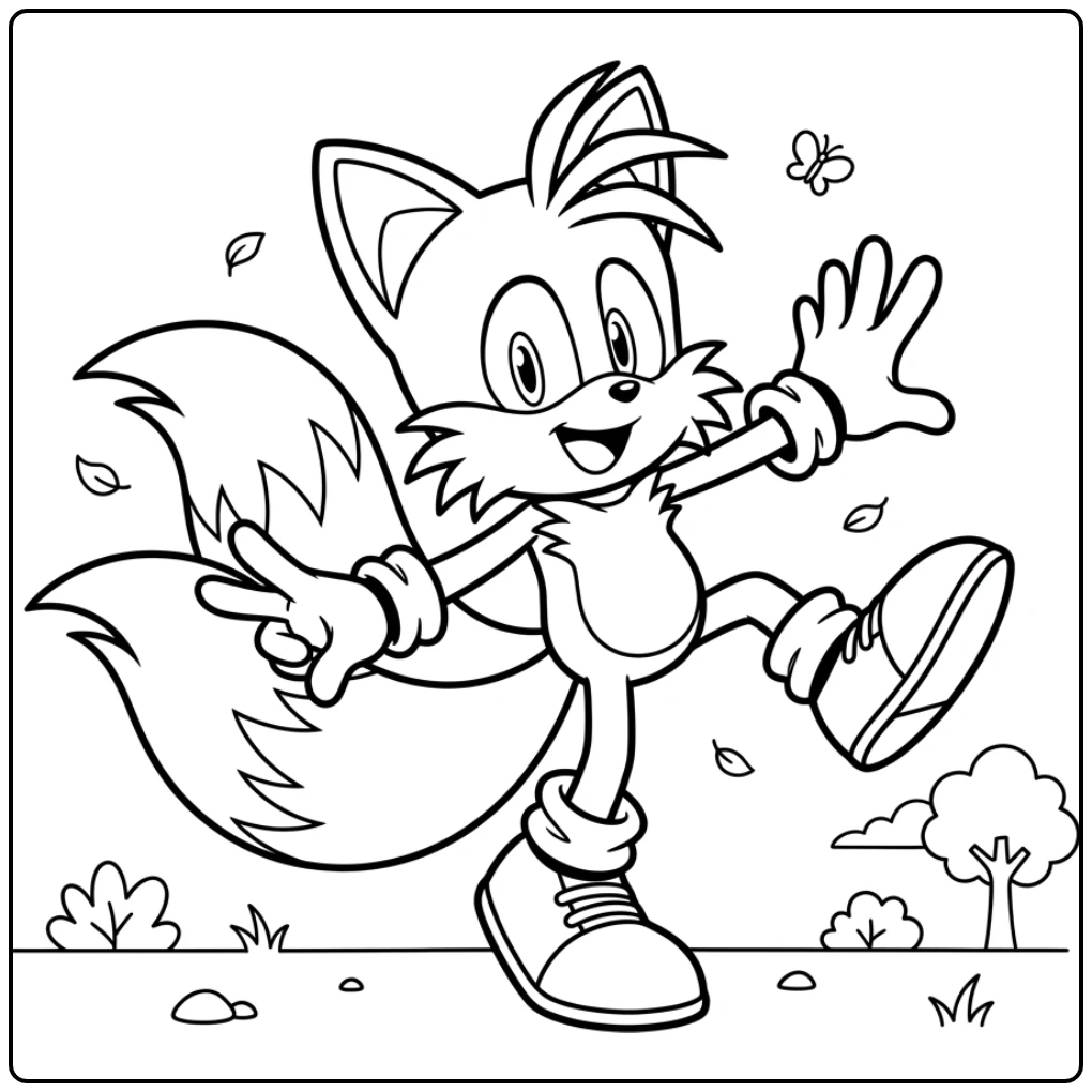 Vrolijke Tails kleurplaat, balancerend op één voet met zijn staarten.