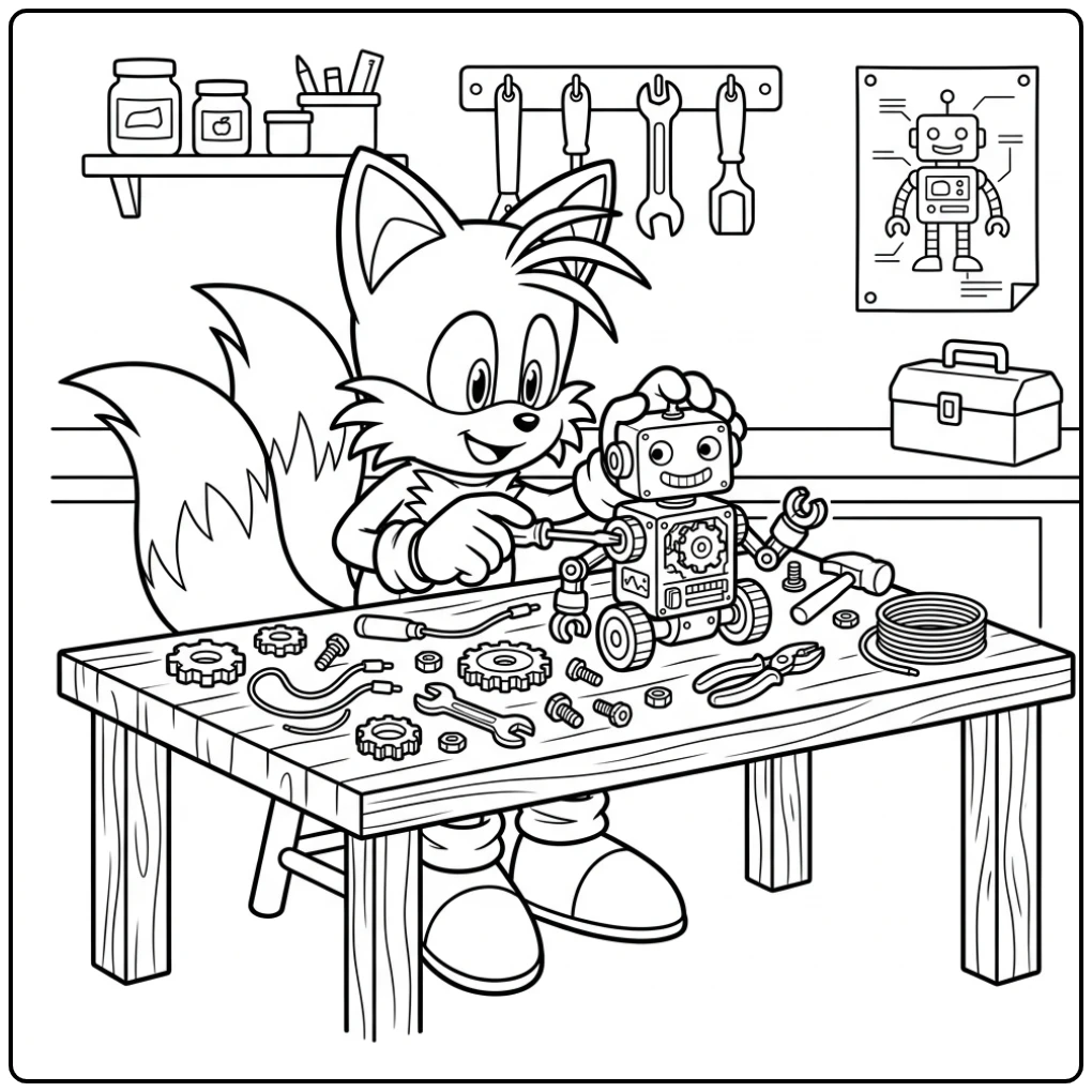 Tails kleurplaat: Tails bouwt een robot op tafel met gereedschap