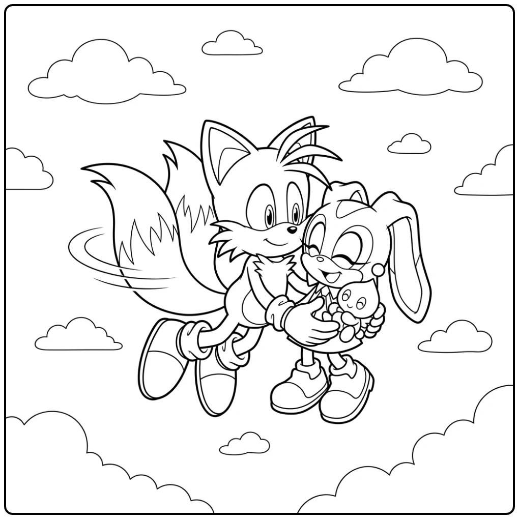 Tails kleurplaat: Vliegende Tails met blije Cream in de lucht.