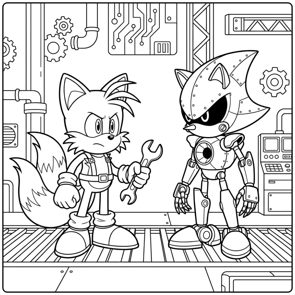 Tails kleurplaat: Tails en Metal Sonic; gereedschap in de hand.