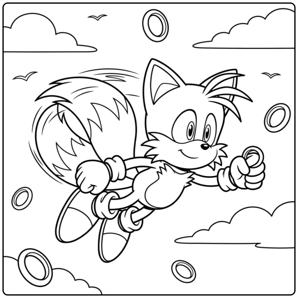 Vliegende Tails met ringen, een avontuurlijke tails kleurplaat.