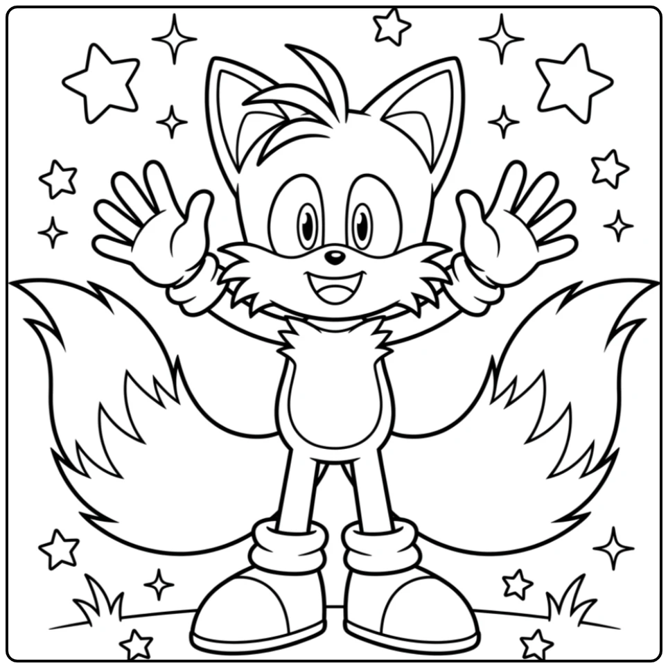 Vrolijke Tails kleurplaat zwaait blij, met sterren rondom zijn staarten.