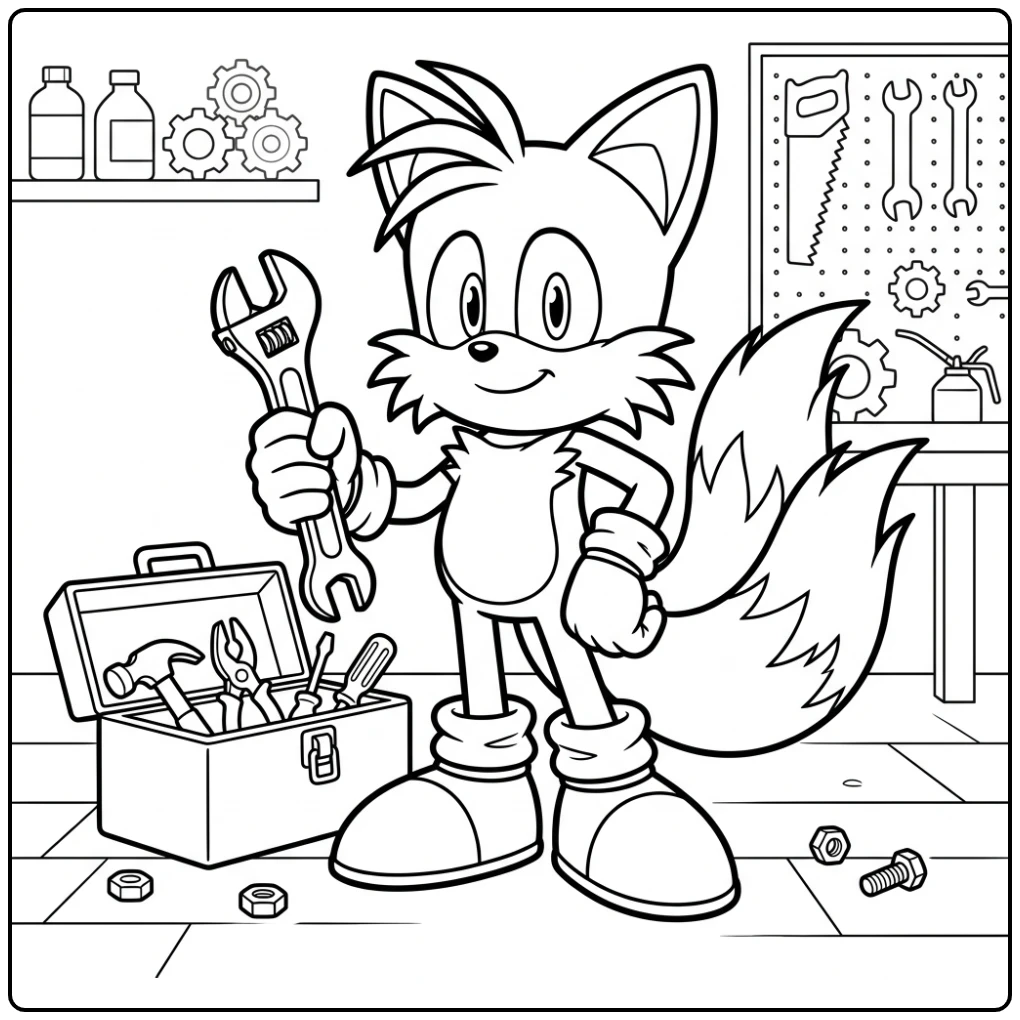 Tails kleurplaat: Vrolijke Tails lacht trots met moersleutel.