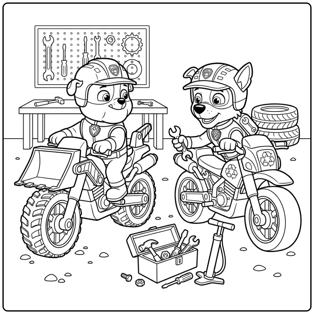 Rubble & Rocky motoronderhoud: patrol moto pups paw patrol moto pups kleurplaat