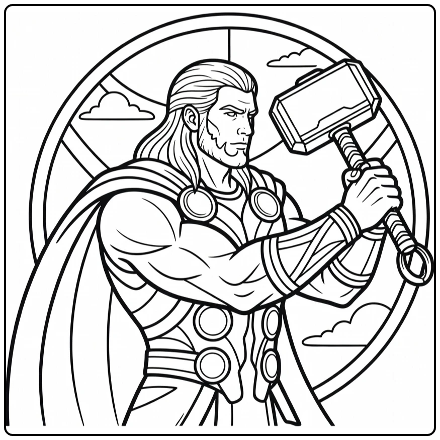 Thor kleurplaat: krachtige zijprofiel met Mjolnir