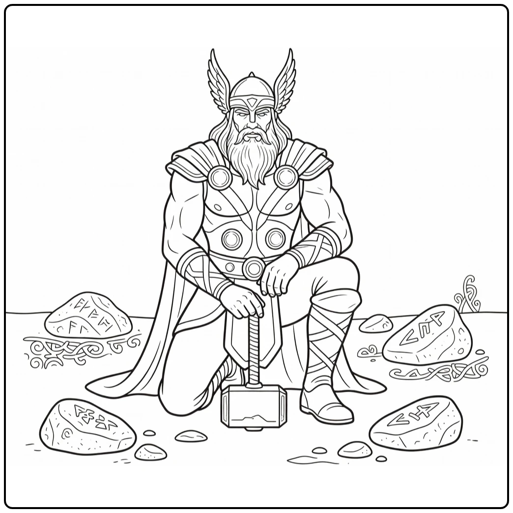Thor kleurplaat: knielende Thor met Mjolnir op grond en Noorse stenen