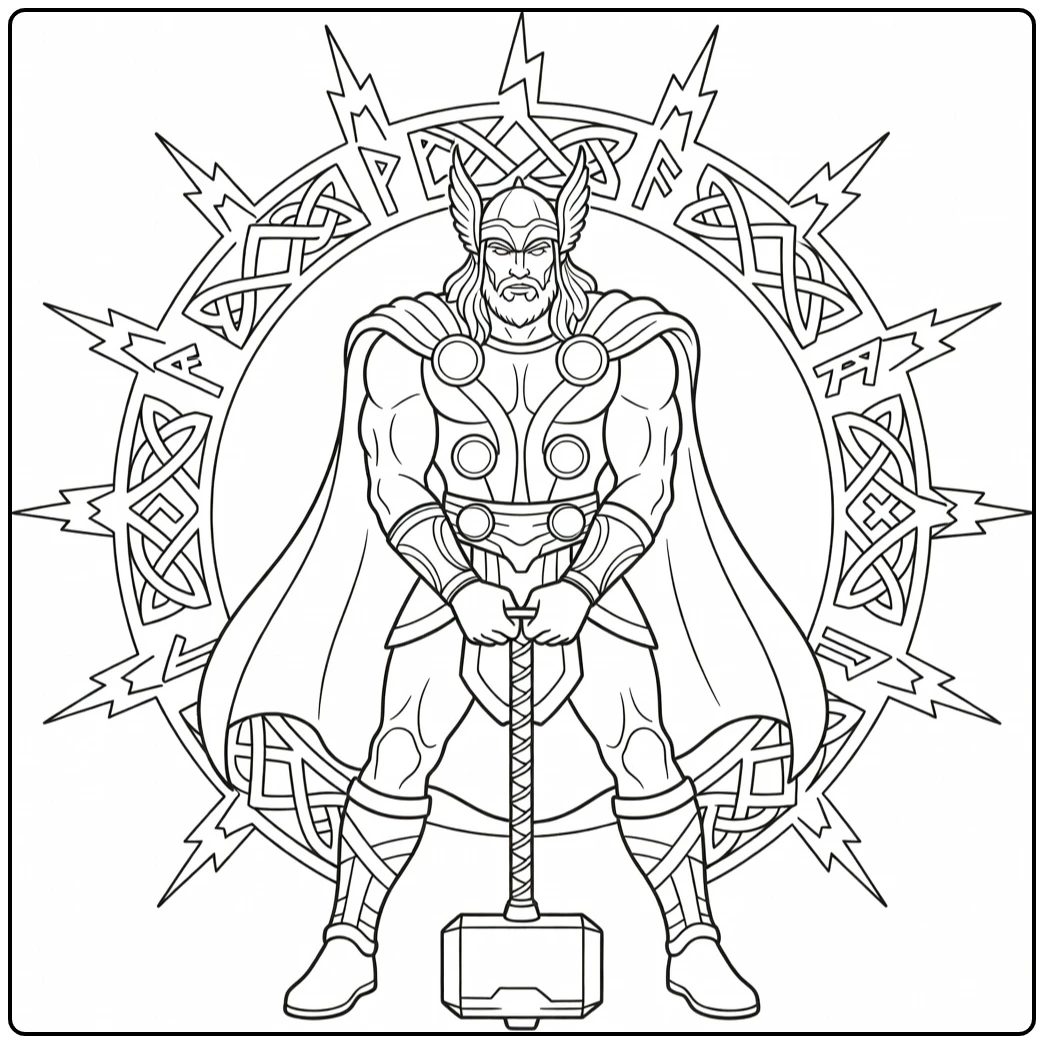 Thor kleurplaat: Thor in dramatische pose met Mjolnir op grond, Noorse cirkel en bliksems.