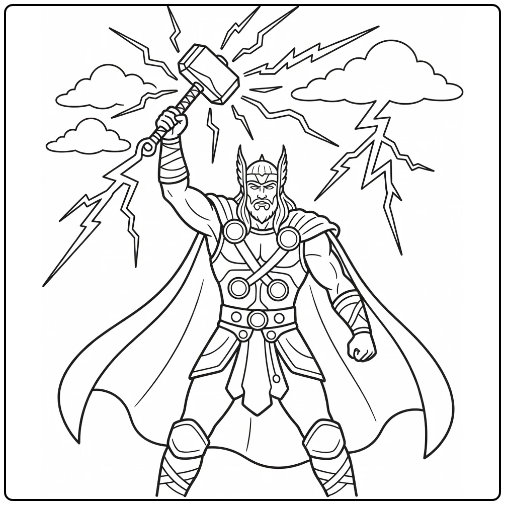 Thor kleurplaat: Thor roept bliksem op met Mjolnir