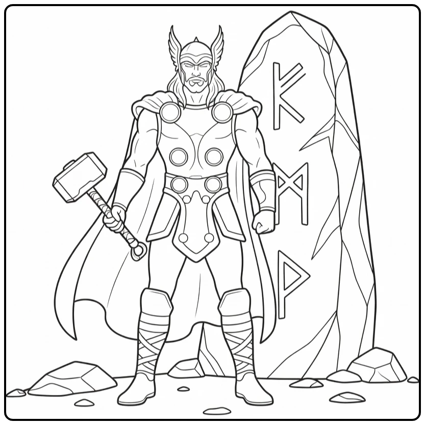 Thor kleurplaat: Thor bij runensteen met Mjolnir