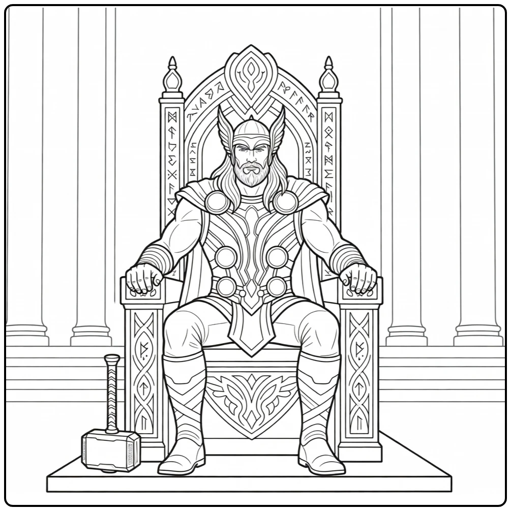 Thor kleurplaat: Thor op Asgardiaanse troon met Mjolnir