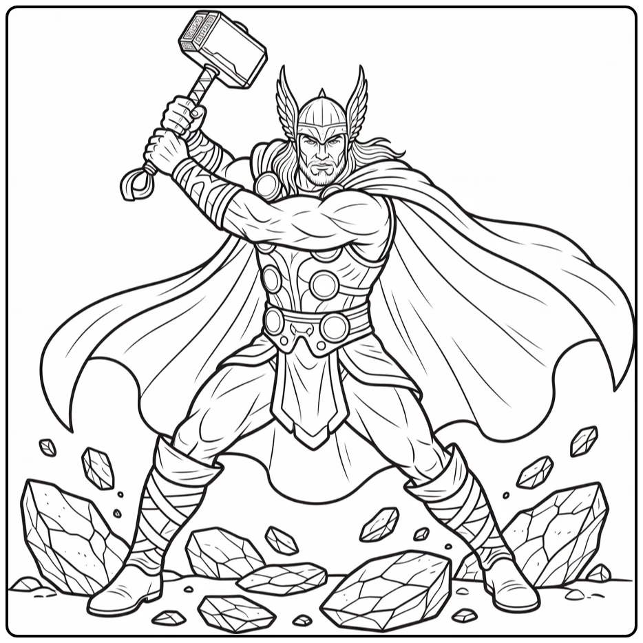 Thor kleurplaat: Thor zwaait Mjolnir krachtig voorwaarts