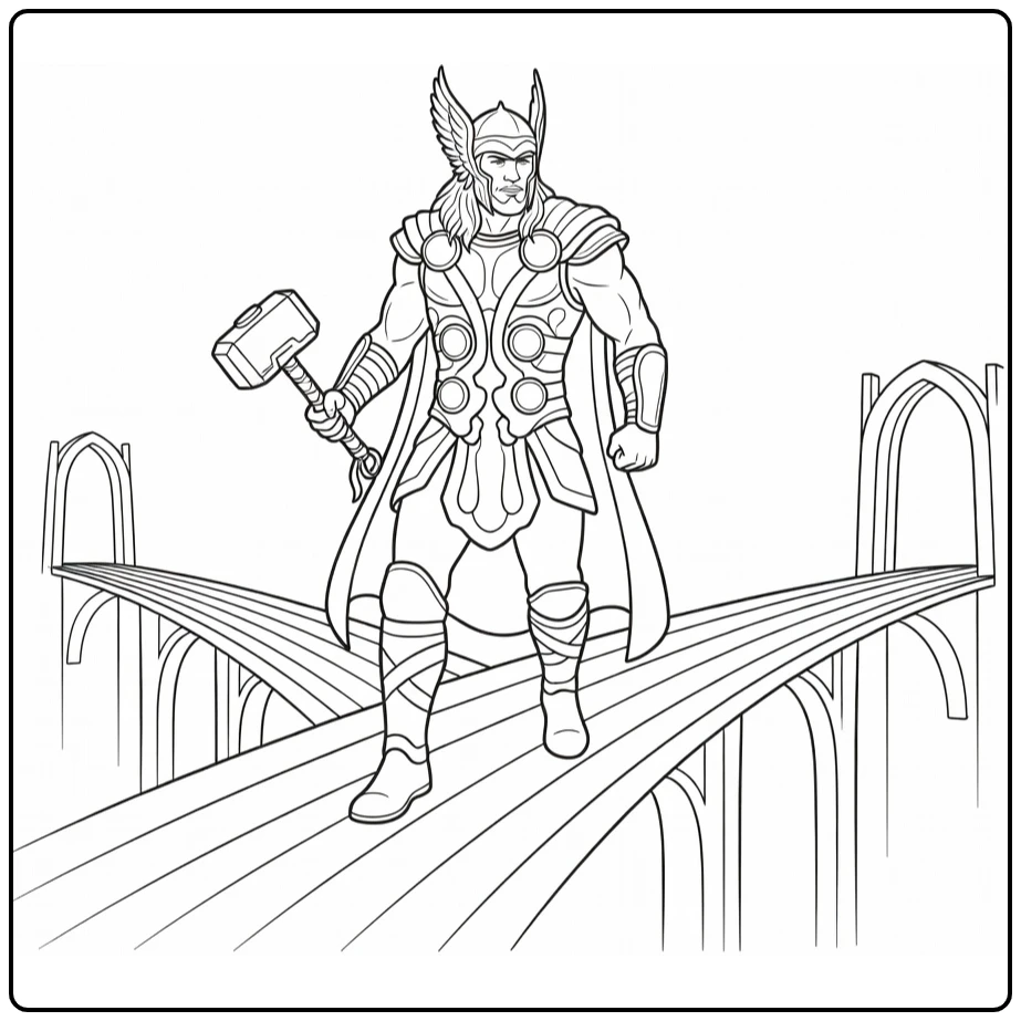 Thor kleurplaat: Thor loopt over Bifrost met Mjolnir
