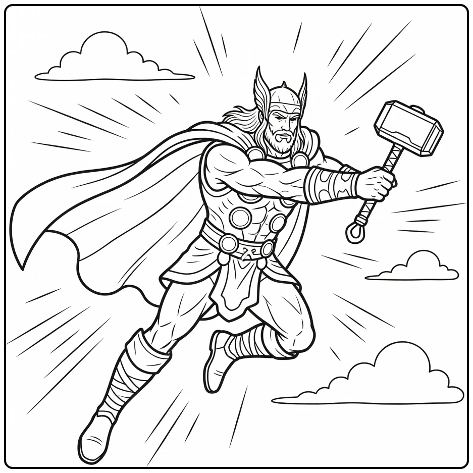 thor kleurplaat: Thor vliegt met wapperende cape en Mjolnir vooruit, wolken