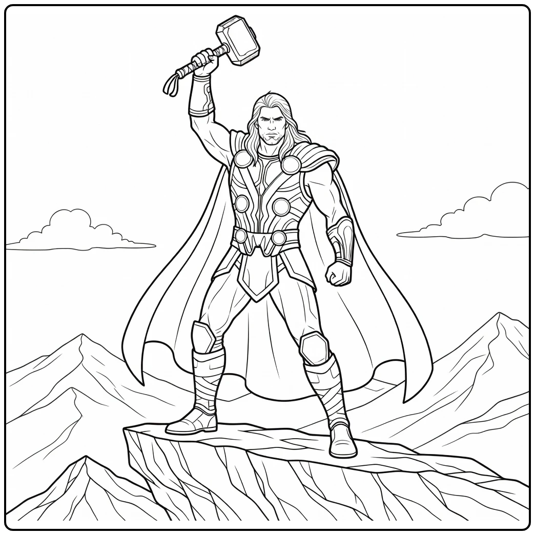 Thor kleurplaat: held op klif met Mjolnir hoog