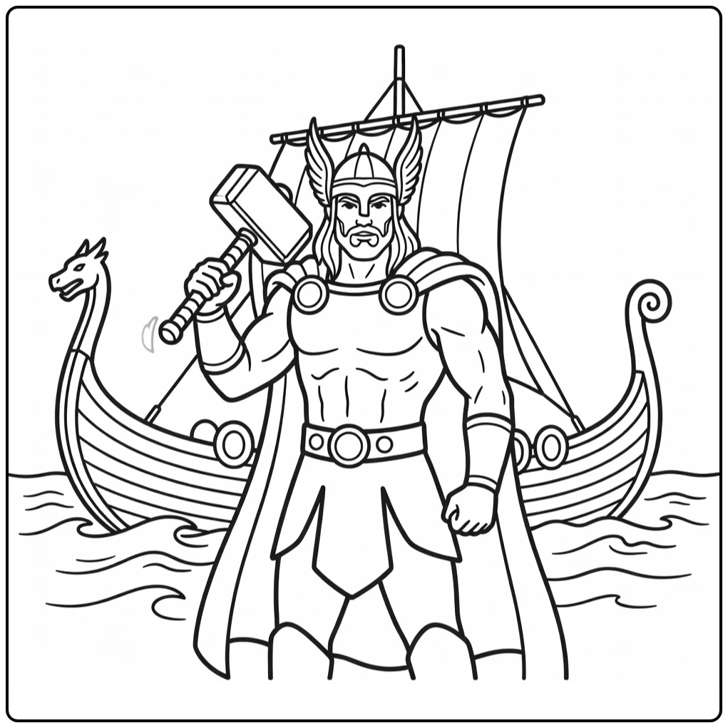 Thor kleurplaat: Thor met Mjolnir op schouder voor Vikingschip