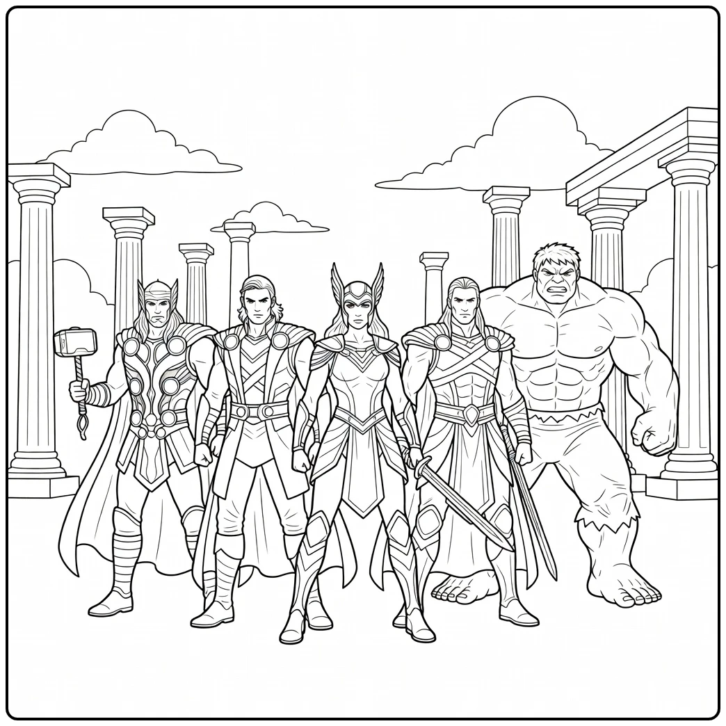 Asgard helden Thor en Loki in een mooie marvel kleurplaat.