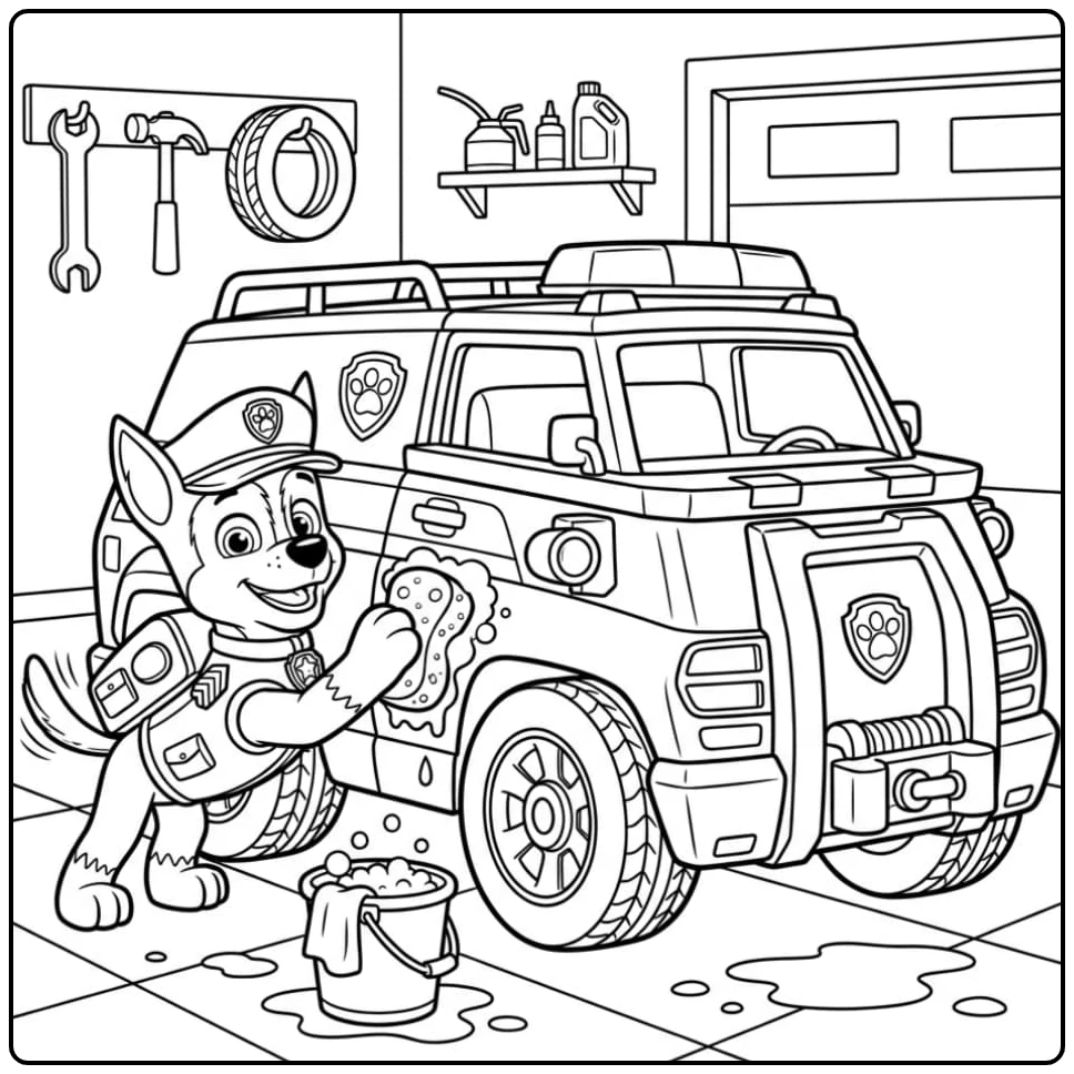 Chase poetst zijn glimmende politiewagen. Kleurplaat Paw Patrol Chase Auto.