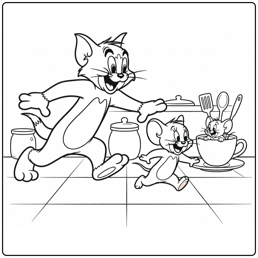 Tom en Jerry kleurplaat: grappige keukenjacht met Tuffy