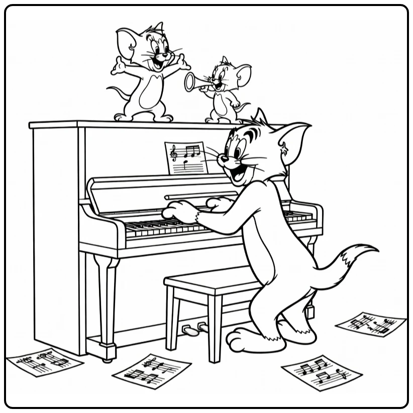 Tom en Jerry kleurplaat: Jerry danst op piano, Tuffy met hoorn