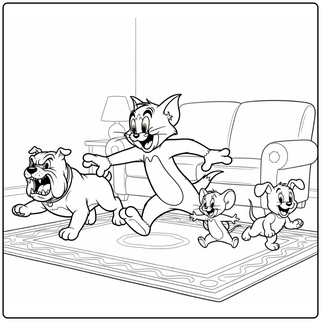 Tom en Jerry kleurplaat: race over tapijt met Spike en Tyke