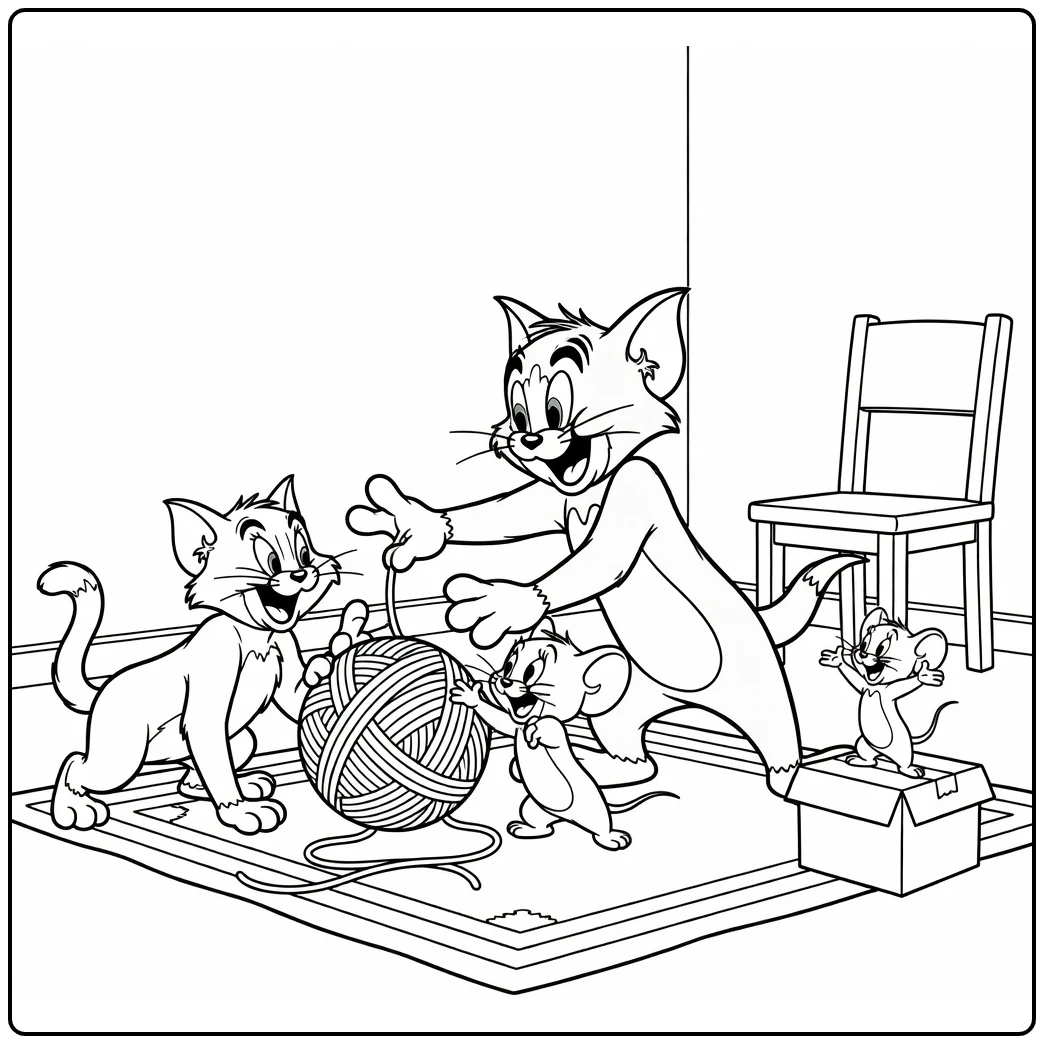 Tom en Jerry kleurplaat: spelen met bol wol, Butch hurkt, Tuffy juicht